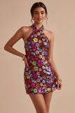 Sparkly Halter Floral Bodycon Black Homecoming Dress