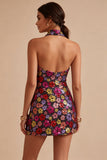 Sparkly Halter Floral Bodycon Black Homecoming Dress
