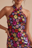 Sparkly Halter Floral Bodycon Black Homecoming Dress