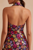 Sparkly Halter Floral Bodycon Black Homecoming Dress