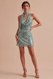 Light Green Sequin Halter Tight Mini Cocktail Dress