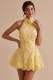 Daffodil A Line Floral Halter Homecoming Dress with Beading