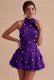 Daffodil A Line Floral Halter Homecoming Dress with Beading