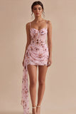 Pink Floral Corset Tight Mini Cocktail Dress with Sash