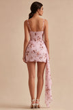 Pink Floral Corset Tight Mini Cocktail Dress with Sash