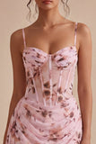 Pink Floral Corset Tight Mini Cocktail Dress with Sash
