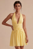 Halter A Line Daffodil Ruched Short Graduation Dress