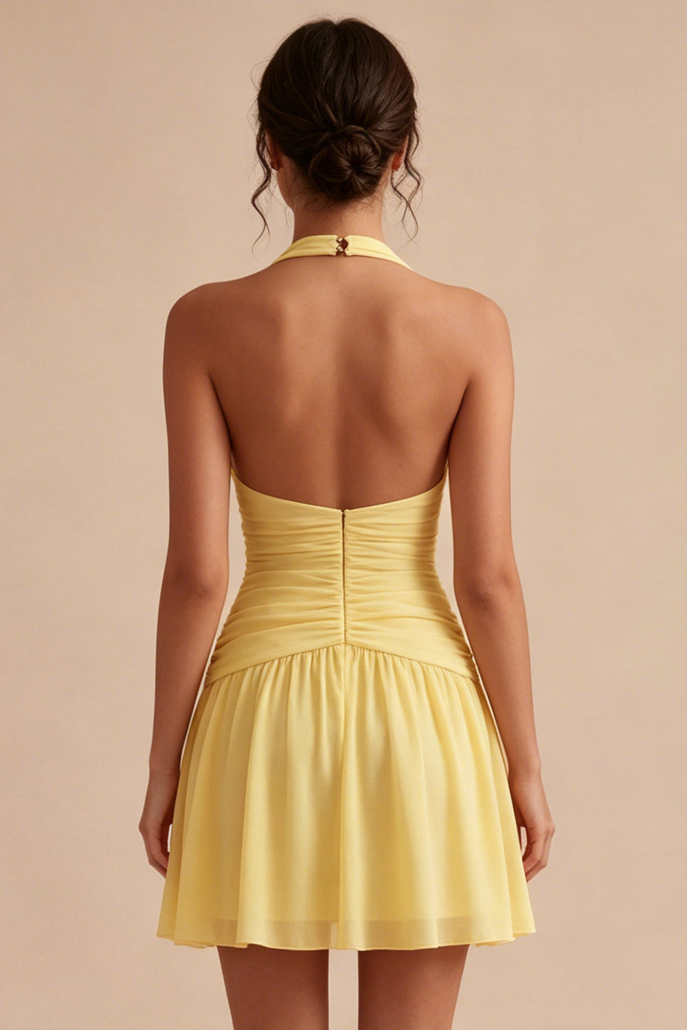 Wedtrend Women Halter Daffodil Graduation Dress A Line Ruched Backless Mini Dress, Daffodil / US6
