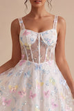 Floral White Corset Beaded A Line Graduation Dress