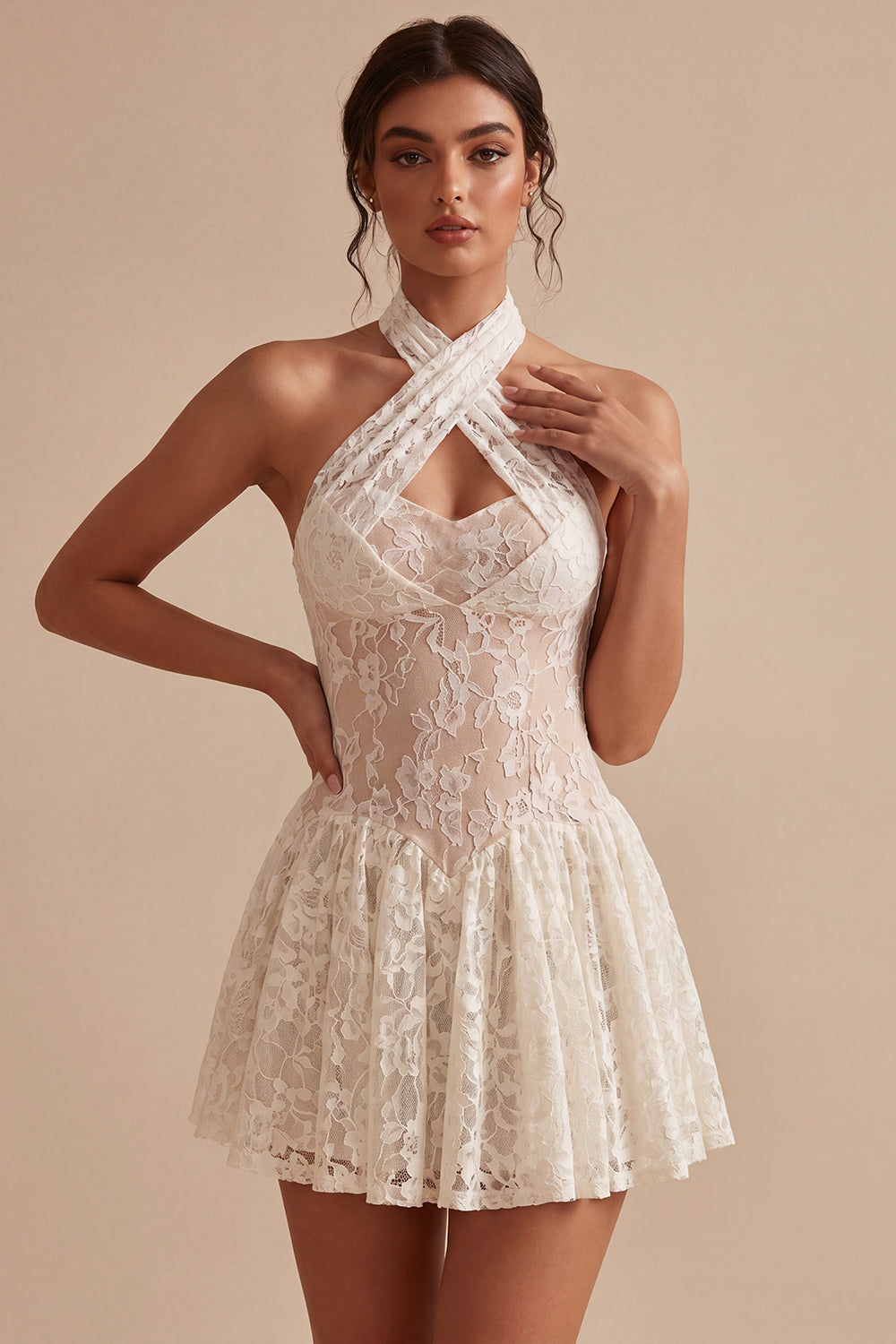 Wedtrend Women Ivory Halter Bridal Shower Dress A Line Lace Backless Short Graduation Dress, Ivory / US2