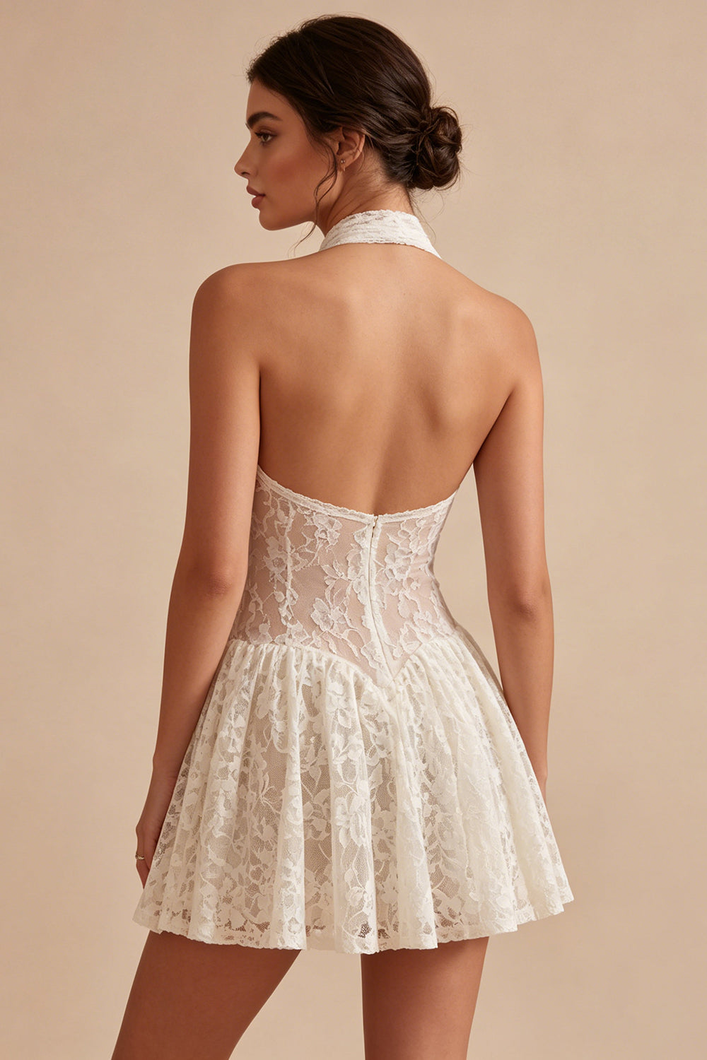 Wedtrend Women Ivory Halter Bridal Shower Dress A Line Lace Backless Short Graduation Dress, Ivory / US2