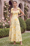 Yellow Printed Floral A Line Square Neck Wedding Guest Dress with Bows