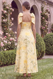 Yellow Printed Floral A Line Square Neck Wedding Guest Dress with Bows
