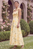 Yellow Printed Floral A Line Square Neck Wedding Guest Dress with Bows