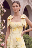 Yellow Printed Floral A Line Square Neck Wedding Guest Dress with Bows