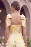 Yellow Printed Floral A Line Square Neck Wedding Guest Dress with Bows
