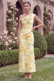 Sheath Yellow Flower Asymmetrical Neck Wedding Guest Dress with Slit