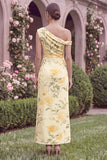Sheath Yellow Flower Asymmetrical Neck Wedding Guest Dress with Slit