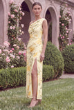 Sheath Yellow Flower Asymmetrical Neck Wedding Guest Dress with Slit