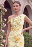 Sheath Yellow Flower Asymmetrical Neck Wedding Guest Dress with Slit