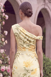 Sheath Yellow Flower Asymmetrical Neck Wedding Guest Dress with Slit