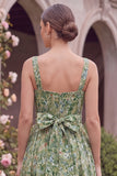 Sage Flower A Line Square Neck Wedding Guest Dress with Bow