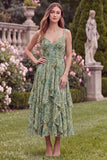 Floral Printed Sage A Line Ruffled Midi Wedding Guest Dress