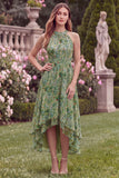 Halter A Line High Low Sage Flower Wedding Guest Dress