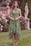 Halter A Line High Low Sage Flower Wedding Guest Dress