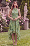 Halter A Line High Low Sage Flower Wedding Guest Dress