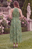 Halter A Line High Low Sage Flower Wedding Guest Dress