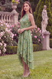 Halter A Line High Low Sage Flower Wedding Guest Dress
