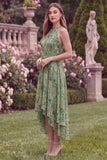 Halter A Line High Low Sage Flower Wedding Guest Dress