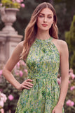 Halter A Line High Low Sage Flower Wedding Guest Dress