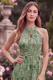 Halter A Line High Low Sage Flower Wedding Guest Dress