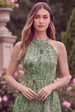 Halter A Line High Low Sage Flower Wedding Guest Dress