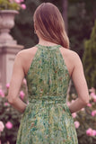 Halter A Line High Low Sage Flower Wedding Guest Dress