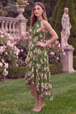 Halter Green Printed Flower A Line High Low Wedding Guest Dress