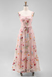 Pink Embroidered Floral A Line Midi Wedding Guest Dress with Bow