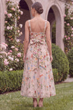 Pink Embroidered Floral A Line Midi Wedding Guest Dress with Bow