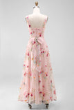 Pink Embroidered Floral A Line Midi Wedding Guest Dress with Bow