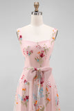 Pink Embroidered Floral A Line Midi Wedding Guest Dress with Bow