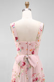Pink Embroidered Floral A Line Midi Wedding Guest Dress with Bow