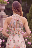 Halter A Line Pink Flower Embroidered High Low Wedding Guest Dress