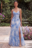 Light Blue Pleated Spaghetti Straps A Line Maxi Dress with Slit