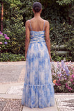 Light Blue Pleated Spaghetti Straps A Line Maxi Dress with Slit