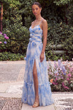 Light Blue Pleated Spaghetti Straps A Line Maxi Dress with Slit
