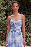 Light Blue Pleated Spaghetti Straps A Line Maxi Dress with Slit