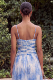 Light Blue Pleated Spaghetti Straps A Line Maxi Dress with Slit