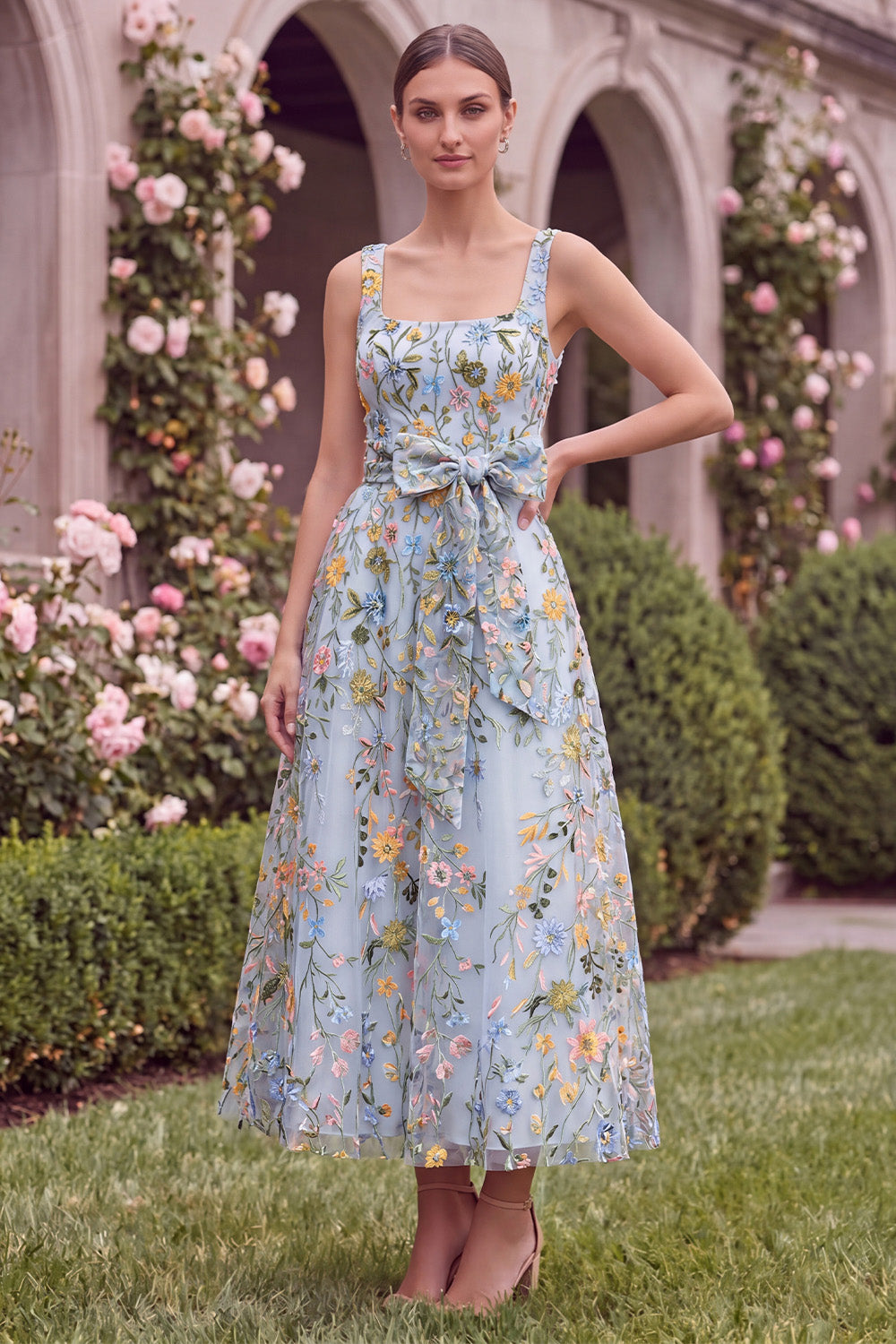 Wedtrend Women Floral Light Blue A Line Wedding Guest Dress Embroidered Square Neck Midi Party Dress with Bow, Light Blue / US12